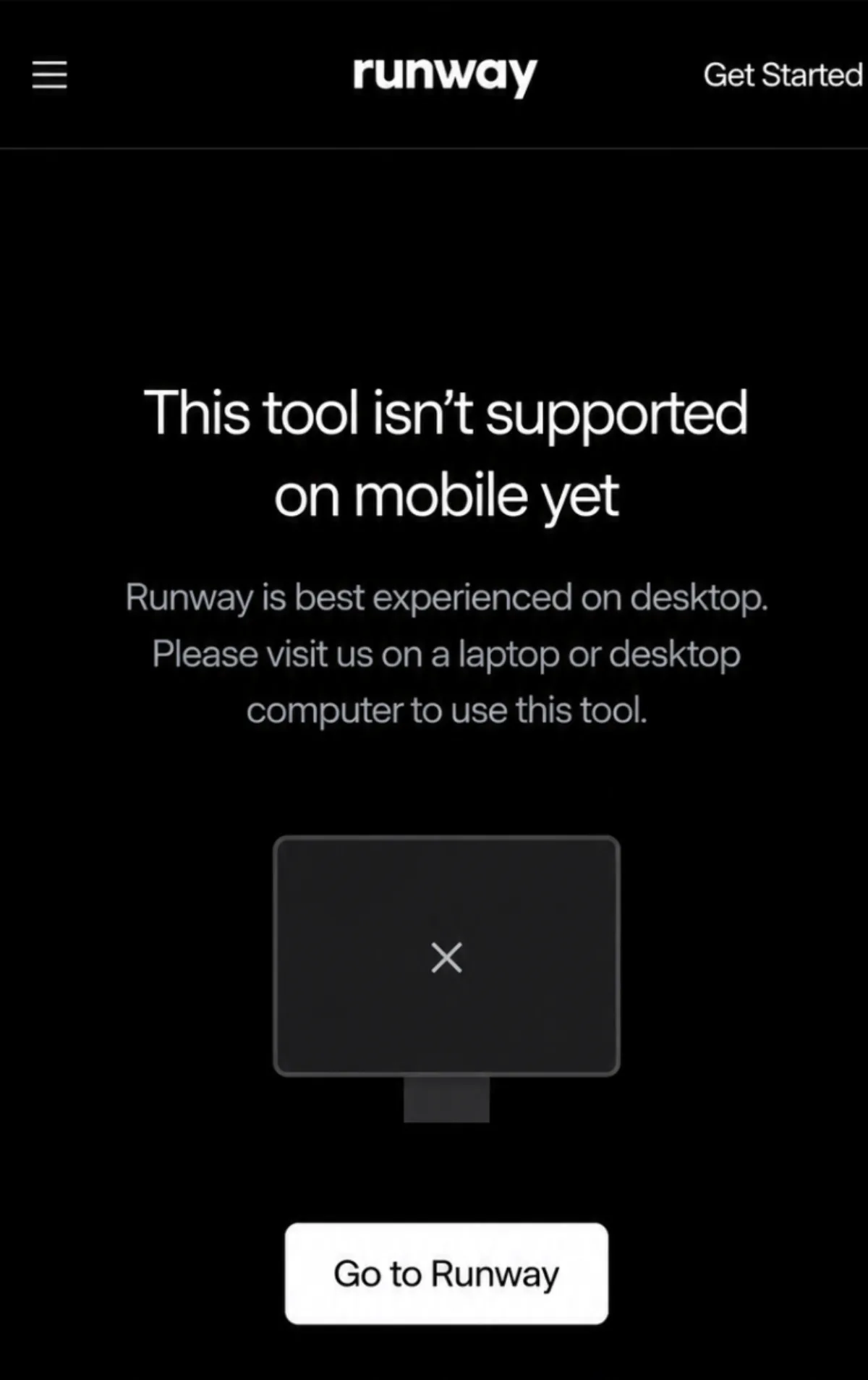 Runway browser interface on a mobile device with overlapping buttons and a collapsed video editor.